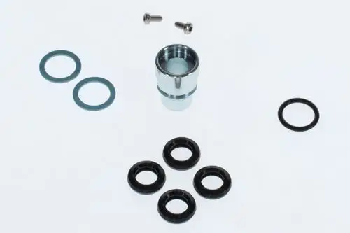 BOSCH Nippel für einen Plattenwärmetauscher, bestehend aus einem vernickelten Metallkörper, mehreren O-Ringen und Unterlegscheiben, sowie zwei Schrauben.